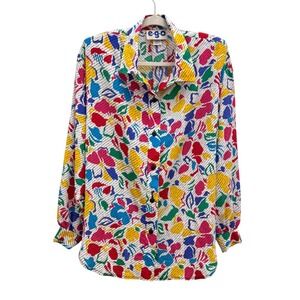 Vintage 80s E.G.O Womens Abstract Print Button Up Shirt Size 18W Groovy Retro